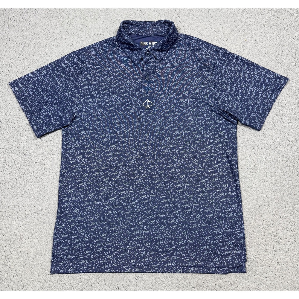 Pins & Aces Polo Shirt Youth Large Blue Football Play Print Golf Performance